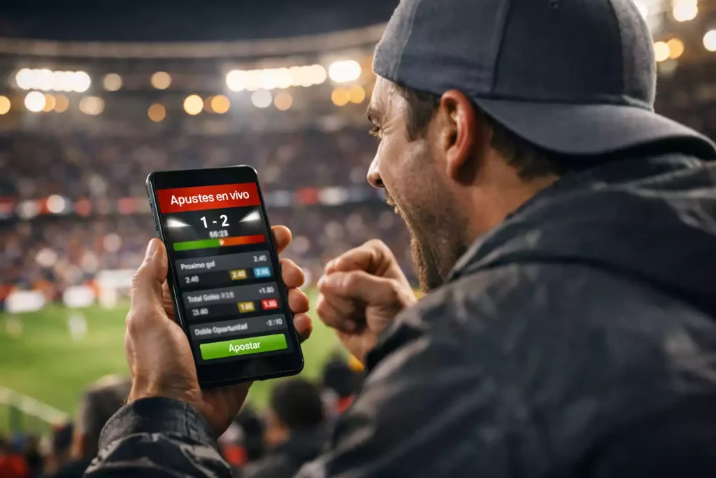 Aficionado viendo partido de fútbol en el móvil desde el estadio