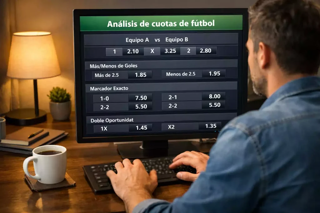 Persona analizando cuotas de apuestas en una pantalla de ordenador