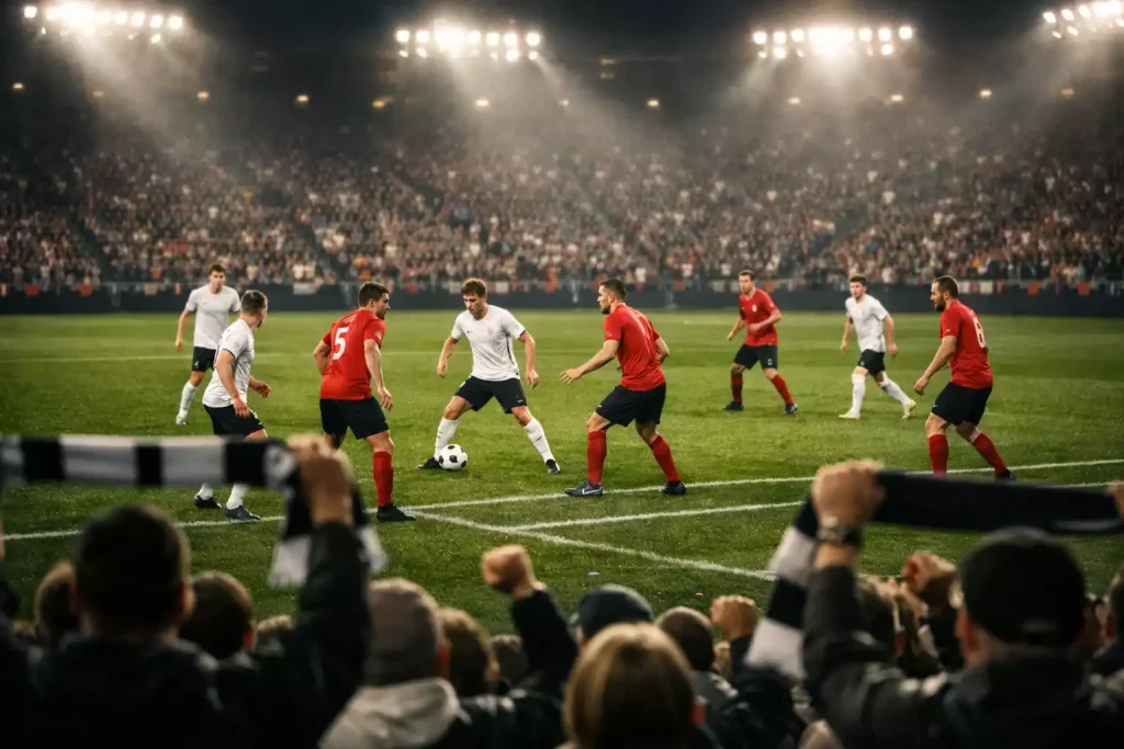 Estadio de fútbol iluminado por la noche con aficionados en las gradas