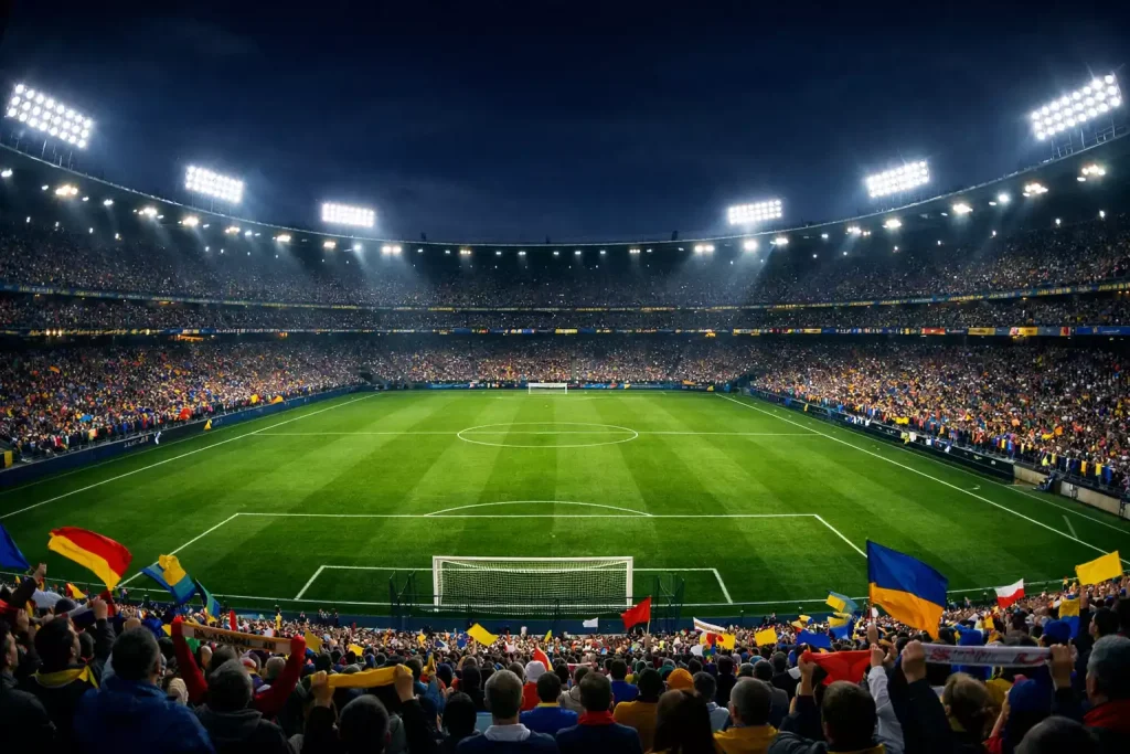 Estadio de fútbol iluminado en noche de Champions League con afición en las gradas