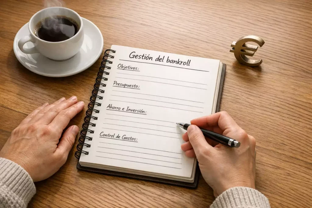 Persona planificando estrategia de gestión financiera con libreta y símbolos de euro