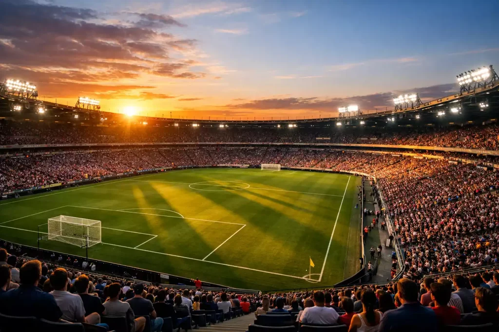 Estadio de fútbol iluminado con césped verde y gradas llenas de aficionados al atardecer